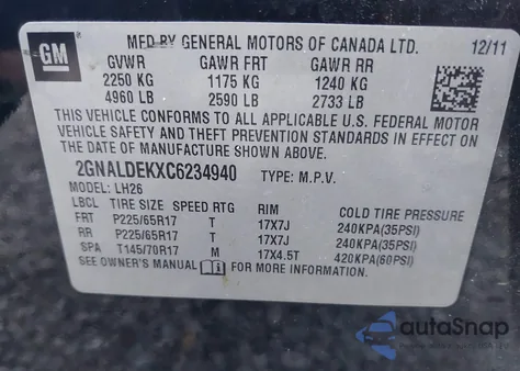 2012 Chevrolet Equinox 1Lt from USA, damaged, VIN 2GNALDEKXC6234940